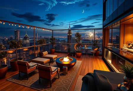 Elegant glass-walled penthouse terrace, panoramic cityscape views, twinkling skyscrapers, soft ambient lighting, plush velvet lounge chairs, copper fire pit glowing, potted olive trees, hanging fairy lights, mirrored cocktail bar, crystal glasses catching light, midnight blue sky, crescent moon, wispy clouds, distant fireworks, warm wooden decking, geometric patterned rugs, sleek modern design, floor-to-ceiling windows, subtle jazz music ambiance, starry night reflections, gentle breeze, aromatic herb garden, champagne bucket, cozy throw blankets, stylish outdoor kitchen, muted color palette, atmospheric mist, golden hour glow, exquisite detailing, hyper-realistic, 8k resolution, photorealistic rendering, masterpiece quality