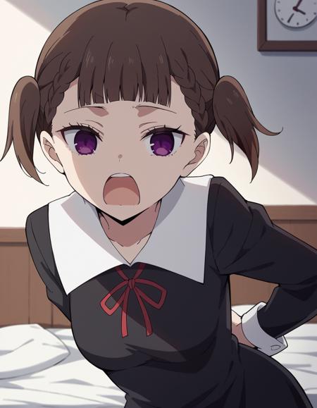 maki shijou, bangs, blunt bangs, purple eyes, twintails, two side up, braid, short twintails, brown hair, medium breasts, long sleeves, dress, ribbon, school uniform, black dress, red ribbon, neck ribbon, collared dress, shuuchiin academy school uniform,