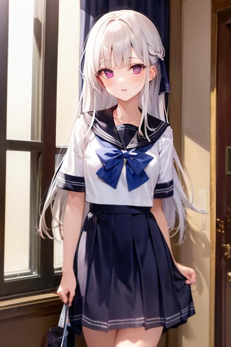 1girl, solo, school uniform, skirt, serafuku, short sleeves, bow, sailor collar, blue skirt, shirt, standing, white shirt, ribbon,, standing, white hair, purple eyes, indoors, very long hair,<lora:amavelmessageribbon:0.8>