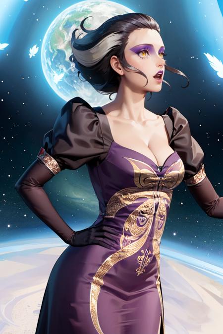 belladonnapersona, purple dress, makeup, lipstick, cleavage, elbow gloves, puffy sleeves, black hair, white hair, two-tone hair