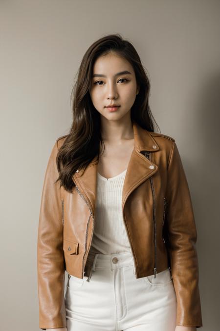 RAW photo of  rinrada,leather jacket, neutral background, 8k uhd, dslr, soft lighting, high quality, film grain, Fujifilm XT3, <lora:rinrada:1>