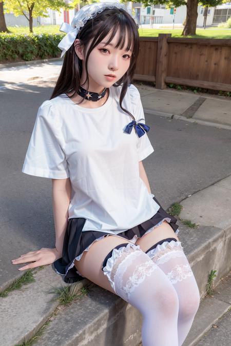 (4k, best quality), (realistic, photo-realistic),(vgirl),
1girl, solo,close-up, 
looking_at_viewer,smile,sitting, 
shirt,white dress,thighhighs,
outdoors,  building, street,road, park,bush,tree, <lora:vgirl_v10:0.7>