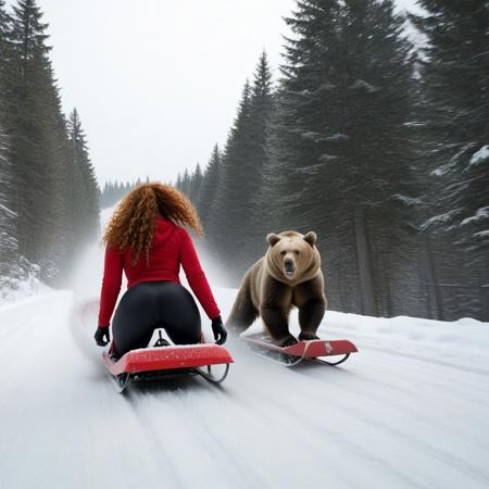 <lora:SpreadAssSDXL_v04:1>
low angle shot ,(spread ass ), she is on the sled, sledding , sledding down a steep hill , mountain, snow, trees,  upskirt, very very long red curly hairs, skating trough the hill, very fast sledding, back view, escaping from the bear,
A thrilling, epic winter scene showing a large bear chasing a woman downhill as she rides a sled at high speed. The woman, crouched on the sled, looks back at the bear in terror, her face filled with fear. Snow flies up dramatically around them as the sled races down the snowy slope. The bear is close behind, with its back turned toward the viewer, mid-stride in a powerful chase. Both figures are seen from behind, and the snowy landscape around them enhances the intensity and danger of the moment.