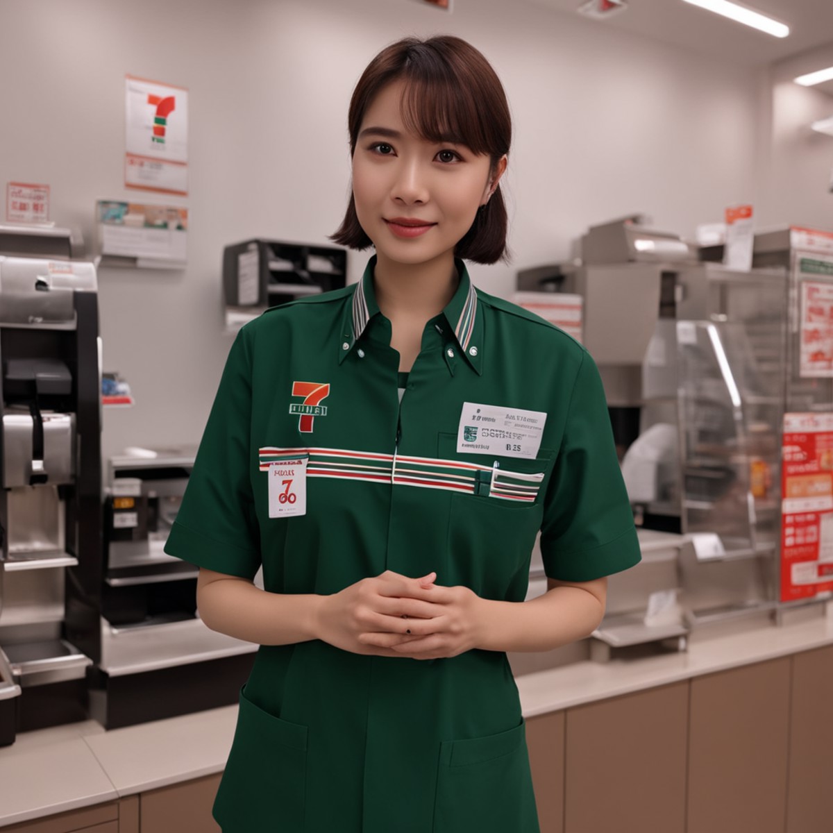 cinematic still best quality, ultra-detailed,
7eleven, scenery, indoors, id card, 1girl, box, brown hair, shirt, short hai...