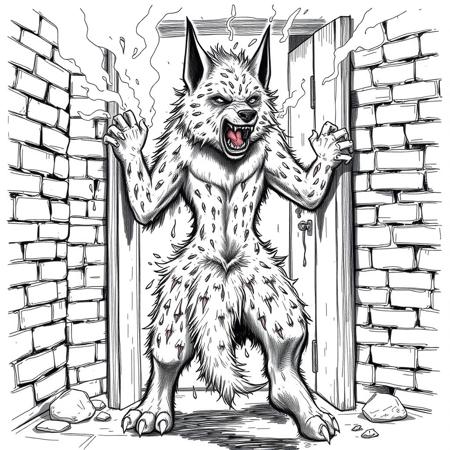 Female animal, covered with fur, anthro furry hyena slams door open, view from other side, berserk mode, in dungeon, brick walls, severe burns all over body, burned fur, in rage, in pain, foam on mouth, line art sketch