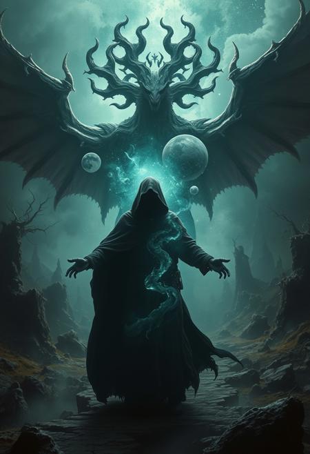A universe inside a dark cloaked figure within mysterious landscape in an unfathomable realm of fantastic creation inhabited by ancient shadows of a forgotten time beyond the gate of the gateless gate where life is limitless, light is shadow and shadow is light, eerie sense, horror, spark of the beginning, existence and nonexistence at once, ethereal, outstretched arms, behold the end of the beginning, inglorious glory to the dark one, betrayal of the ancient order, beware the 7headed beast, destroyer of the old ways, bearer of the unbearable, nightmarish, archaic runes, tree aging backwards, breath of the gods, ruins of a place unimagined, extreme intricate detail, photorealistic, beyond epic scene, fate discarded, unseeable face of god, the end is the beginning, the beginning is the end, man arises as god dies, as above so below, as below so above, emerald tablet, thoth, guardian and saboteur of existence, hopeless hope, ghosts of the unborn, conception of the inconceivable, cosmic well of imperceptible perception