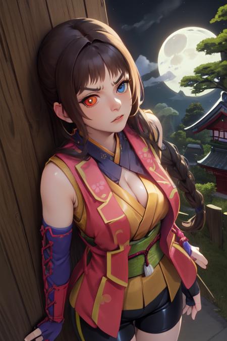 Akane, long brown hair,heterochromia,mean face,  
looking at viewer,   
fingerless gloves, black bike shorts, vest, sleeveless,  upper body,  leaning on wall,  
cleavage, 
from above, standing, Japanese building,nighttime,moon,Sengoku period, wall, 
(insanely detailed, beautiful detailed face, masterpiece, best quality) 
 <lora:AkaneYagyu-10v4:0.7>