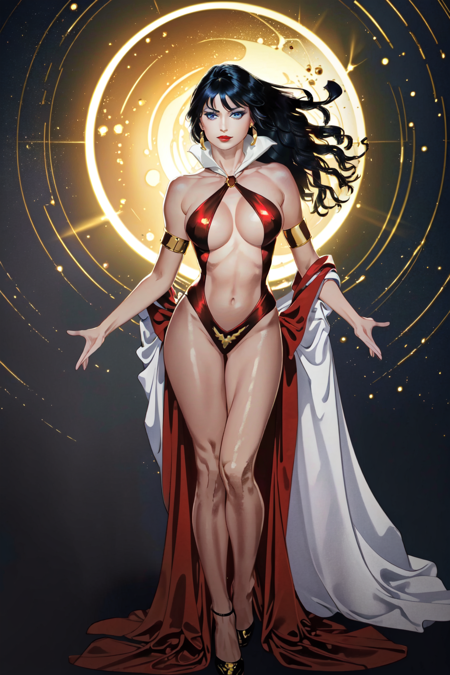 <lora:Vampirella-10:1> Vampirella, (masterpiece, best quality, ultra-detailed, highres, best illustration),perfect face, sidelighting, lustrous skin,(bloom), (shine), ray tracing, 1girl, solo, long hair, black hair, makeup, lipstick, blue eyes, earrings, jewelry, breasts, bare shoulders, large breasts, voluptuous, bare legs, dark-skinned female, lips, sexy, ,depth_of_field,very detailed background,extreme light and shadow,(detailed eyes), (beautiful) beautiful detailed eyes, (seductive smirk), gothic scene background, perfect lighting , perfect anatomy, pov, full body ,(extremely detailed illustrated 8k wallpaper),(masterpiece), (best quality), (ultra-detailed), (best illustration),(best shadow),perfect lighting , perfect anatomy , vivid colors,