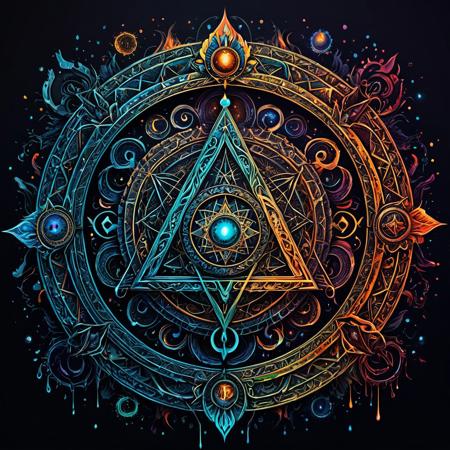 Finely detailed vector illustration. occult symbols, symbols of power, ultra realistic quality, circle symbols, dark gradient background, hyperdetailed, intricately detailed,  triadic colors,fantastical,intricate detail,splash screen,complementary colors, fantasy concept art, 8k resolution, masterpiece, oil painting, thick strokes, paint dripping, vapors, glow
