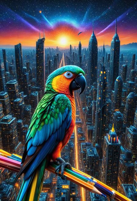 masterpiece, best quality, very aesthetic, absurdres,(score_9, score_8_up, score_7_up), createconcept, addmicrodetails, Pencil_morph_style, epic background, nightsky cityscape landscapes with a lot of pencils, a (parrot) made out of pencils, glowing eyes, vivid eye color, (beautiful eyes:1.2), (gradient iris, crisp iris edges), confident pose, action dynamic pose, lazypos