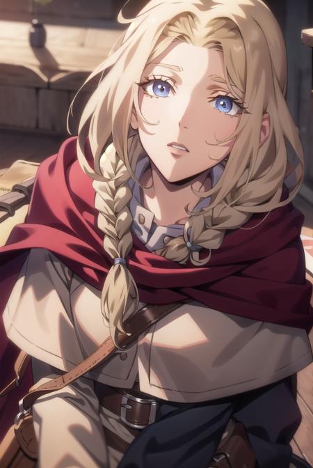 lisa tepes, long hair, blue eyes, blonde hair, hair over shoulder,  dress, red dress, long sleeves, skirt, long skirt, braid, belt, bag, cape, single braid, long sleeves, skirt, 