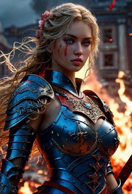High resolution ultra-realistic of Beautiful Warrior girl, Fantasy style, 8k, capturing the intensity of the moment, dramatic lighting, standing on a bloody and stormy battlefield in a fighting pose, fire, intricately designed shining iron armor, red mini skirt, perfect athletic figure, beautiful Warrior girl, fire, dirty face, ultra realistic, cinematic style, athletic figure, Firm sinewy female slim body, dark fantasy, covered in dirty and blood, cinematic colors Lighting, extremely detailed, 8K, wavy blonde hair, realistic dirty bloody pale face, realistic blue eyes, beautiful Warrior girl on in cool iron armor, hyper-detailed, hyper-realistic, bright colours, Attractive 21 old years girl, Attractive, beautiful firm Breasts, sharp focus, digital painting, Photograph Taken on Nikon D750, Alphonse Mucha, 8K, athletic figure, Hyperdetailed, hyperrealism, Attractive, Attractive bust girl, asymmetric balance