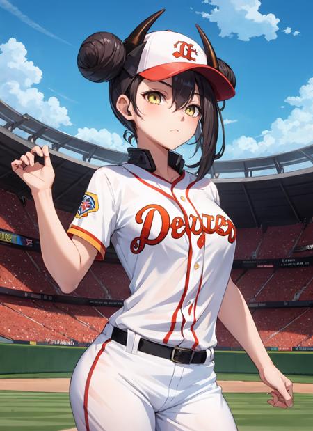 <lora:AgentSF>,1girl,double bun,cowboy shot,baseball uniform,baseball cap,stadium,(horns:1.2)