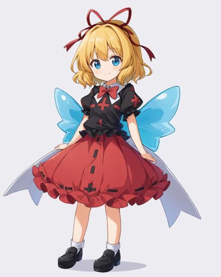 medicine melancholy, white_background, hair_ribbon, smile, simple_background, 1girl, black_footwear, red_ribbon, doll, red_skirt, bubble_skirt, black_shirt, full_body, puffy_short_sleeves, wings, red_bowtie, looking_at_viewer, closed_mouth, red_shirt, solo, arms_behind_back
<lora:medicine_melancholy_image1544_2023-12-14-000014:1>,star-shaped_pupils,symbol-shaped_pupils,. gorgeous,key visual, vibrant, studio anime,award-winning, professional, highly detailed,high budget, cinemascope