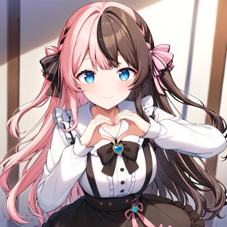 vspo_hinano default, 1girl,solo,virtual youtuber,bangs,brown hair,pink hair,multicolored hair,two-tone hair,split-color hair,long hair,hair bow,hair ribbon,black ribbon,pink ribbon,black bow,pink bow,blue eyes, black bowtie,black skirt,brooch,collabone,dress,frilled collar,frilled shirt,frilled shirt collar,frilled skirt,frills,jirai kei,long sleeves,shirt,shoes,skirt,sleeves past wrists,socks,suspenders,white shirt,white socks,