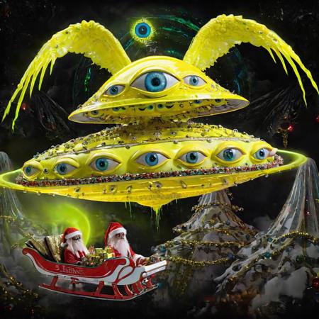 seraphins, mystical creature with hundreds of eyes and wings, roswell alien with yellow christmas hat, delivering presents with santa riding a ufo sleigh, intricate complexity, surreal horror, inverted neon yellow drip paint, photoreal