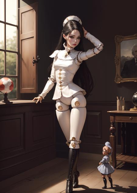 award winning (high quality erotic photo), (full body1.8), long view, low view), (best quality), full body shot of (ball jointed doll:1.7) (bjd:1.5) age 50 (dynamic dancing pose:1.2). wearing a gray high-collared military tunic tunic, short breeches and boots.  long legs, slender hips and small waist. small ass. slim thighs. sensual, erotic, beautiful. detail face, ((highly detailed white porcelain skin)) (highest quality, Alessandro Casagrande, Greg Rutkowski, concept art, 4k), (analog:1.2), (high sharpness), (photorealistic:1.4) (detailed pupils:1.1), (painting:1.1), (digital painting:1.1), (detailed face and eyes), masterpiece, best quality, (neck ruff:1.4)  skinny, long straight black hair, beauty)  female focus. face, feet, shiny black boots.