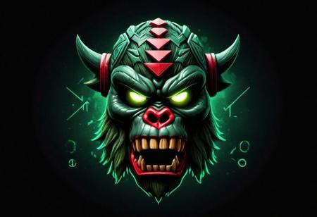 A captivating image of an awe-inspiring modern and futuristic logo representing a Futuristic Assassin group is brought to life through the use of Nordic runes. The Logo showcases an intricate design of an detailed dark fur Majestic head skull ((Kong)), enveloped in a dark backdrop. Their eyes, gleaming in a striking red and green gradient hue, add an air of mystery to the composition. add 2 intersecting hockey sticks.
This highly detailed image, presented as a digital illustration, radiates a superior quality, leaving viewers in awe of its artistry.