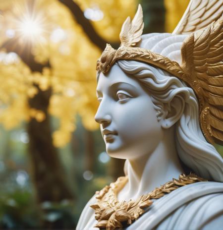 An imaginative image of a marble statue  magical forest inhabited by mythical creatures,  highly detailed, photorealistic, smooth render, sharp focus, dynamic lighting, golden ratio, 8k, shot on superia 400 film camera 50mm F2.8, photorealistic, award-winning film cinematography, artstation trending, and flickr award winning photo, realistic, very detailed, intricate details, bokeh,