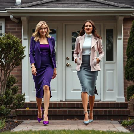 full body shot tow females : a british blonde  hair purple dress jacket purple tube top blue skirt purple high heels and a british brunette in a light pink jacket white turtleneck shirt and gray skirt with gray high heels walking up to the doorstep of a suburban house