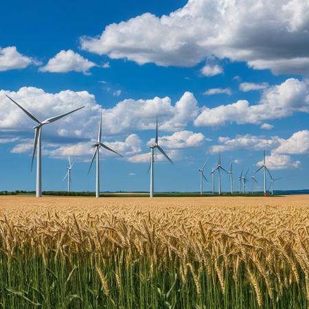 Windmills with 4 grinding blades rotating by the force of the wind activating it, background large wheat fields and blue sky with cumulus clouds