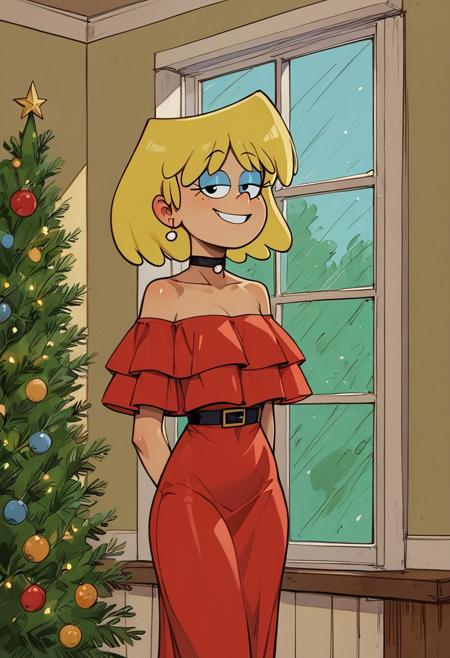 masterpiece,best quality, highly detailed, score_9, score_8_up, score_7_up, score_6_up, the loud house style, cartoon BREAK, 1girl, solo, Lori Loud, blonde hair, short hair, blue eyeshadow, seductive eyes, bare shoulders, strapless, bare shoulders, bare arms, earring, black choker,  face focus, thick thighs, smile, looking at viewer, standing up, cowboy shot,  a red maxi dress,  fl0unc3dr355, dress, off shoulder, indoors, standing near a Christmas Tree with Christmas lights, a window at night
