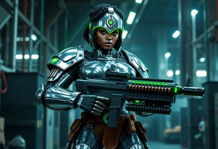 Videogame unreal engine 4 render image of a tall large bodybuilding buff muscular sexy hot black female soldier from the year 2150, cool sexy futuristic military character design, she has short curly hair, green eyes, green lipstick, she is tall and large and has huge breasts and muscles, she is wearing full body chrome military armor that's inspired by gladiators from Rome, including a roman gladiator helmet with a green transparent eye visor, the armor is chrome eith green LED embedded in it, her chrome armor is showing signs of damage and degradation, bullet marks, scratches amd grime, she is also wearing brown military and ammo pouches on her legs and belt, she is standing in a factory, she is holding a large heavy machine gun thats belt fed bullets, industrial lighting, epic pose.