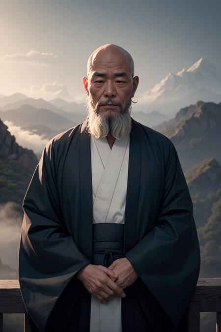 masterpiece, 4k, extreme resolution, highly intricate, studio quality, extremely detailed, Old Japanese monk, misty mountain shrine, meditative posture, flowing beard, mist-kissed surroundings, profound stillness, spiritual connection, silhouette lighting, smooth shading