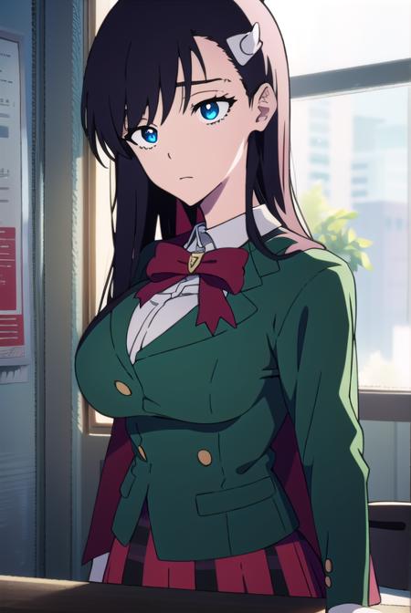 noelniihashi, <lyco:noelniihashianime-LYCORIStest:1>,
noel niihashi long hair, blue eyes, black hair, hair ornament, hairclip, (large breast:1.2),
BREAK skirt, shirt, long sleeves, bow, school uniform, jacket, white shirt, pleated skirt, collared shirt, bowtie, red bow, plaid, capelet, blazer, green skirt, green jacket,
BREAK looking at viewer,
BREAK indoors, classroom,
BREAK <lora:GoodHands-vanilla:1>, (masterpiece:1.2), best quality, high resolution, unity 8k wallpaper, (illustration:0.8), (beautiful detailed eyes:1.6), extremely detailed face, perfect lighting, extremely detailed CG, (perfect hands, perfect anatomy),