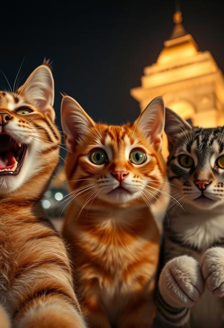 "A captivating close-up selfie of three domestic felines, taken at night with a prominent, warmly lit, iconic architectural structure in the soft-focus background. The cat on the left is a tabby, captured mid-laugh or enthusiastic meow, with its mouth wide open, conveying pure joy. The central cat, an orange tabby, looks directly at the viewer with wide, curious eyes and a slightly surprised or bewildered expression, its face perfectly framed. The cat on the right, a grey and white tabby, has a more serene and contemplative look, gazing calmly. The foreground is well-lit, highlighting the intricate fur details and distinct expressions of each cat. The background glow creates a beautiful bokeh effect, emphasizing the golden illumination of the distant landmark. The overall mood is whimsical and endearing, suggesting a playful and memorable moment shared by these furry companions."
highly detailed skin texture, soft lighting, photorealistic facial features, subtle makeup, beautiful and symmetrical face, expressive eyes, fine hair strands, dramatic shadows and contrast, realistic hands with natural pose and detailed fingers, glowing healthy skin, gentle blush, soft and dreamy background, slight bokeh, natural elegance, cute and youthful vibe, smooth curves and balanced body proportions, studio photography quality
