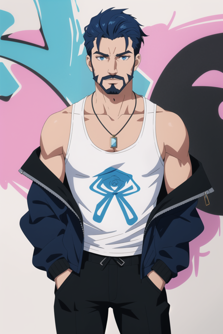 <lora:AeronXvoor0.4> Aeron X'voor, solo, blue eyes, shirt, 1boy, jewelry, blue hair, jacket, male focus, open clothes, pants, necklace, off shoulder, open jacket, facial hair, black pants, tank top, hands in pockets, white tank top, graffiti