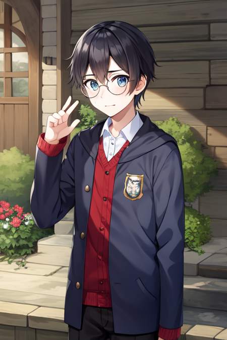 anatoly, glasses, 1boy, solo, hogwarts school uniform, scar on forehead 