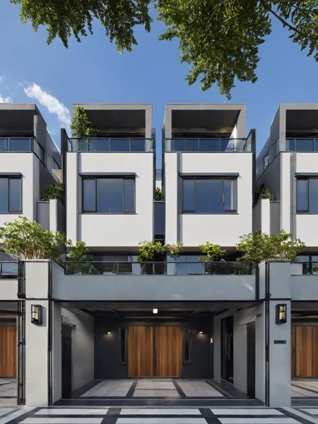 Architectural style, <lora:JJsRowHouse_XL:1>,(masterpiece) , (best quality), ((RowHouse)), dramatic lighting, high quality outdoors, sky, day, cloud, tree, blue sky, building, scenery, road, real world location,  sunlight, enough detail, high resolution,super realistic, Photorealistic, highly detailed, balcony, plants, door, gate, paving, . Clean lines, geometric shapes, minimalist, modern, architectural drawing, highly detailed