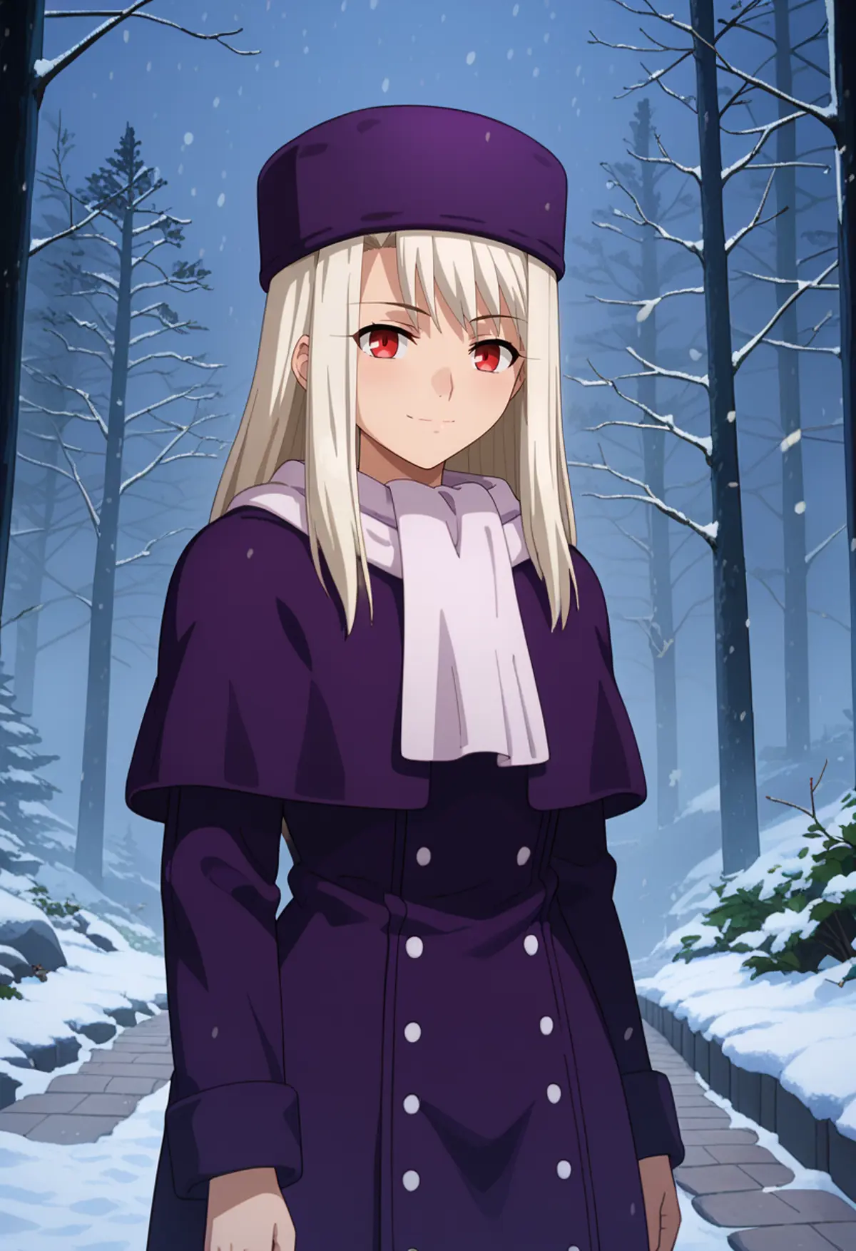 A girl with long blonde hair and red eyes wearing a purple coat with a white scarf and matching purple hat standing in a snowy forest setting. 