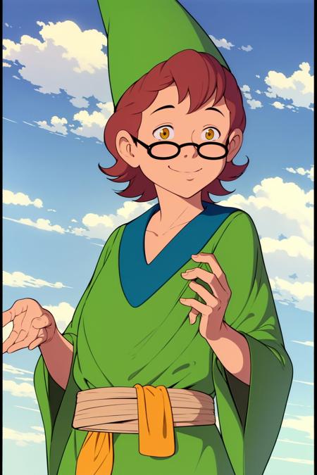 presto <lora:presto_dnd_V1:1>, green hat, cone hat, green robe, dark green chemise, round glasses, yellow sash, blue sky, cloud, day, outdoors, smile, solo, sky background, upper body, absurdres