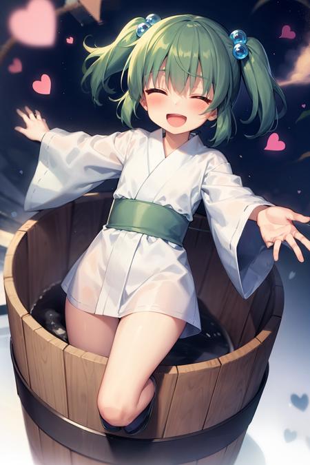 masterpiece, best quality,    <lora:kisume:1>,1girl, kisume, solo, closed eyes, hair ornament, in container, open mouth, green hair, bucket, blush, in bucket, smile, twintails, hair bobbles, heart, wooden bucket, short hair, japanese clothes, ^_^, wide sleeves, outstretched arms, long sleeves, :d, kimono