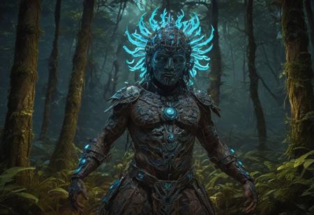 A cybernetically enhanced shaman, adorned with a patchwork of tribal tattoos and cybernetic implants, performs a ritual dance in a bioluminescent forest. Their helmet, a woven mask of glowing fibers, enhances their connection to the spirit world, 8k, hyperrealistic.