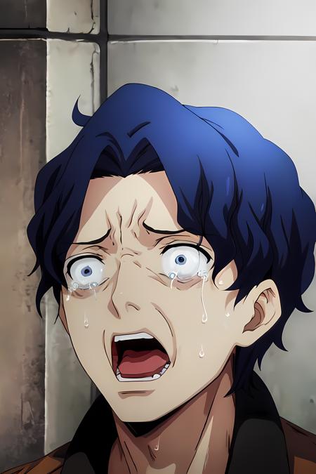 (masterpiece, best quality:1.2), highres, anime screencap, anime coloring, 1boy, solo, male focus, open mouth, crying with eyes open, tears, sweat,
SHG_V1, blue hair, short hair, wavy hair, 
<lora:add_detail_CyberAlchemist:0.4>, <lora:GoodHands-beta2:0.8>, <lora:ShinjiMV2:0.9>