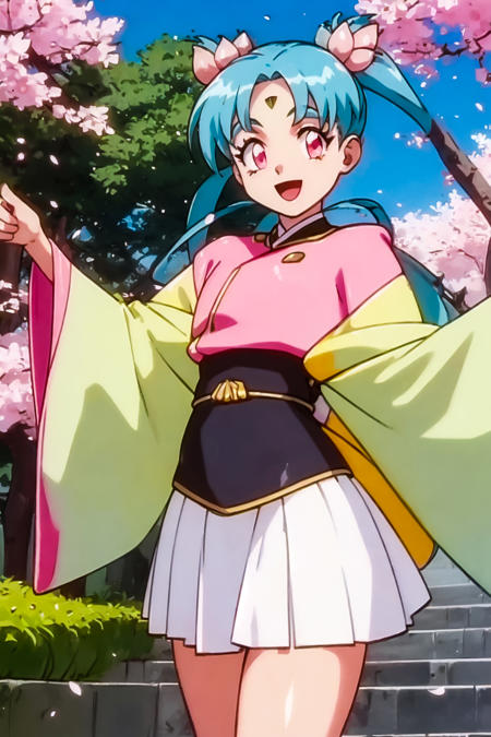 pretty_sammy, pink eyes, blue hair, forehead mark, twintails, hair_ornament, green kimono, obi, white skirt, wide sleeves, pink vest, wand,