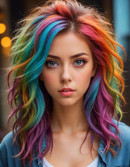 (masterpiece:1.1), (highest quality:1.1), (HDR:1.0), girl with really wild hair, mane, multicolored hairlighting, (from front:0.6),