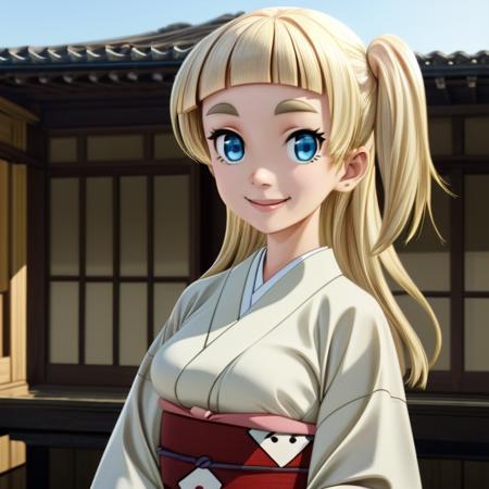 ((Medium-Shot)),<lora:Shirara V1:0.8> Tsubaki Shirara, blue eyes, blonde hair, blonde thick eyebrows, colored eyebrows, pale skin, (long hair), ((blunt bangs)), white kimono, dice pattern, ((one side up)),
Masterpiece, Best quality, beautiful, ((upper body)), Human, looking at viewer, crisp, clear, Digital painting, oil painting, best quality, detailed hair, detailed background, detailed body, detailed eyes, full body, cute, smile, medium breast, round breast, perfect body, 1girl, solo, hands, young female,
east asian architecture, japanese clothes,
ultra high resolution, raw photo, deep shadow, low key, natural light,
<lora:Furtastic_Detailer:0.5> <lora:hairdetailer:0.5> <lora:skin_slider_v1:0.5>