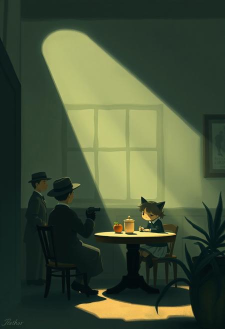 A noir detective scene in gentle soft light, post-impressionism style, muted tones, serene interiors, simple composition, contemplative atmosphere, soft brushwork, gentle light contrasts, adorable and cute characters, charming features, diffused shadows, subtle illumination, rural charm, early 20th-century aesthetic.