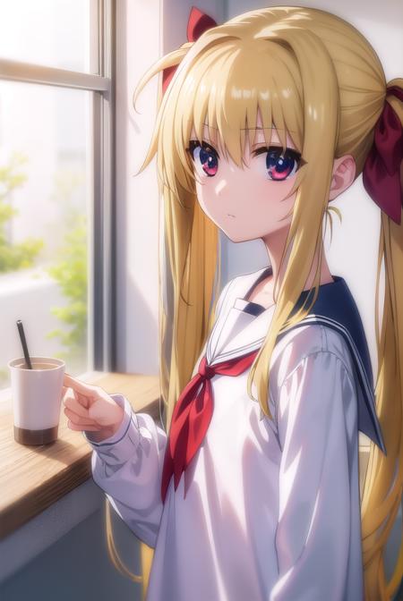 fatetestarossa, <lora:fate testarossa movie2-lora-nochekaiser:1>,
fate testarossa, long hair, blonde hair, (red eyes:1.3), twintails, hair ribbon,
BREAK long sleeves, school uniform, serafuku, shirt, white shirt, white sailor collar,
BREAK indoors, classroom,
BREAK looking at viewer, (cowboy shot:1.5),
BREAK <lyco:GoodHands-beta2:1>, (masterpiece:1.2), best quality, high resolution, unity 8k wallpaper, (illustration:0.8), (beautiful detailed eyes:1.6), extremely detailed face, perfect lighting, extremely detailed CG, (perfect hands, perfect anatomy),