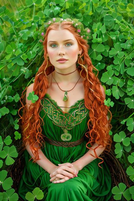 linquivera,  liiv1, Ink illustration, (anime:0.5): Depict a beautiful Celtic woman with long, red-orange braids, standing amidst a vast (clover:1.2) shape green flower field. Moonlight bathes the scene, casting an ethereal glow on her bright green Celtic dress. Ink stains, splashes, and drips add a touch of surrealism, while wispy ribbons of wanderlust seem to beckon her onward. Wind gently sways the willowy trees, their forms echoing the Celtic knot motif subtly woven into the scene. Flowering vines wrap around nearby objects in a supportive embrace. The woman, with a captivating face, gazes directly at the viewer, a hint of loneliness and solitude etched in her expression, accentuated by the presence of a solitary rainbow gracing the moonlit sky. (This is the scene rendered in an inkpunk style reminiscent of aged, yellowing paper.Celtic, clover, clover field, clover garden, clover meadow, clover farm, )