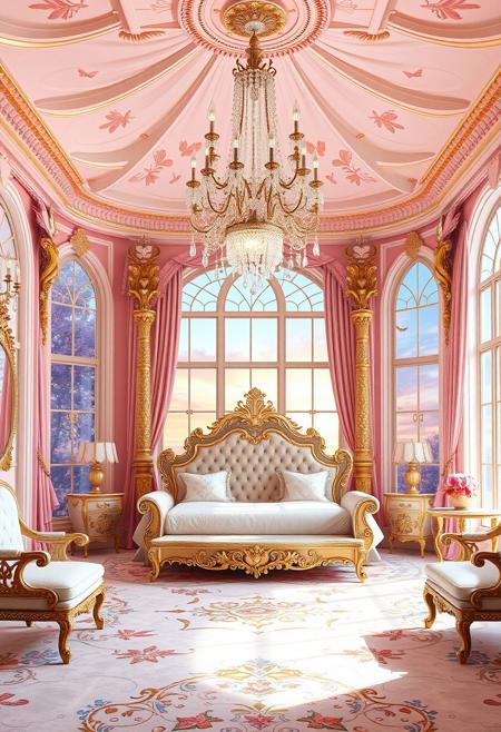 Photorealistic magazine-quality highest-quality realistic real-life image of a pale-pink and gold royal princess bedroom, lavish, elegant, opulent, wealth, high four-poster canopy bed, diamond chandelier, gilded age, Cinderella, fantasy, roses, fairies, fairytale, magical, sunrise, floor-to-ceiling windows, best quality, whimsical, fantastic, intricate detailed, butterflies, rainbow, mystical, starry sky, hyperdetailed, photorealistic, concept art, harmony, serenity, tranquility, glow, glowing, ambient occlusion, halation, cozy ambient lighting, dynamic lighting,masterpiece, liiv1, linquivera, metix, mentixis, masterpiece, award winning