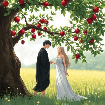 1woman, 1man, dark clothes on man, white clothes on woman, under pomegranate tree, meadow setting, Hades, Persephone, Greek gods, Anime