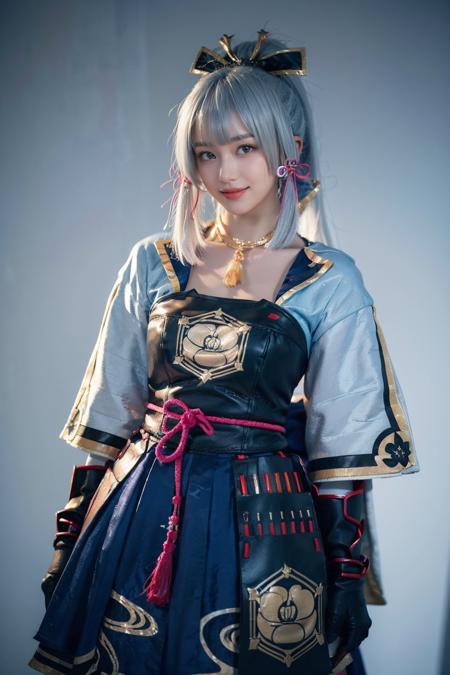 best quality, masterpiece, photorealistic, 1girl, solo, standing, cowboy shot, looking at viewer, smile, closed mouth, bangs, kamisato cosplay costume, cosplay, light blue hair, long hair, ponytail, hair ornament, ribbon, hair ribbon, japanese clothes, armored dress, japanese armor, arm guards, fingerless gloves, tress ribbon, tassel, simple background, <lora:genshin_Kamisato_cosplay_v1:0.7>