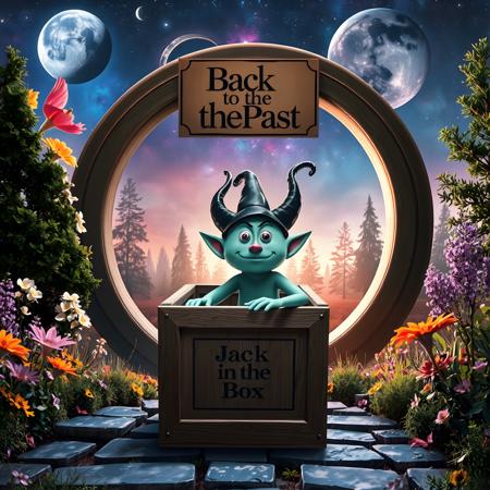 intricate photo realistic mysterious friendly looking jack in the square wooden box, "Jack in the Box" is written on the square wooden box, the square wooden box is standing on a stone path in front of a omega formed dimensions wormhole stargate, at the top of the stargate is written on a plate "Back to the Past", in the background is an enchanted colorful forest with marvelous flowers plants, at the sky are moon stars planets galaxies nebulae
