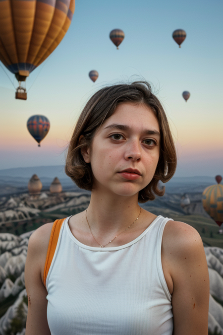 SnailMail, photography by (Rodney Smith:1.3), ((upper body focus, shoulders)), modelshoot, pose, (facing viewer, Cappadocia, hot air balloons, looking at viewer, blurry background, bokeh, ID photo:1.3), serious look