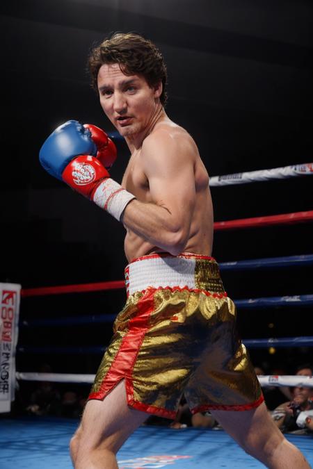 jtrudeau, dressed as a boxer, shorts, <lora:justin_trudeau_5:0.6>, boxing, boxing gloves